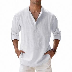 new Men's Cott Shirts Linen Casual Lg Sleeve Butt Down Shirt Band Collar Loose Tops M-5XL K1EU#