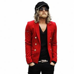 s-xxl New Men's Red Small Suit Tide Double-breasted Casual Suit Slim Short Fi Small Blazers Jacket Stage Singer Costumes N7eJ#