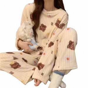 女性Veet Trafセット白いかわいいクマの印刷されたパジャマセット女性用のプルオーバーとズボンウォームフリースセット2023秋冬i4mb＃