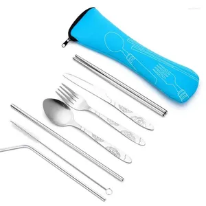 Conjuntos de utensílios de jantar 7pcs/ conjunto de aço inoxidável utensílios de mesa externo de pano portátil faca faca colher de palha rica em palha sete