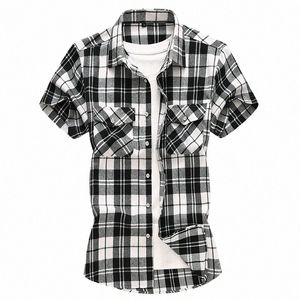striped Plaid Short-sleeved Shirt Men's Single-breasted Square Collar Cott Shirts Summer Fi Casual Camisa Men Chemise 7XL 42x6#
