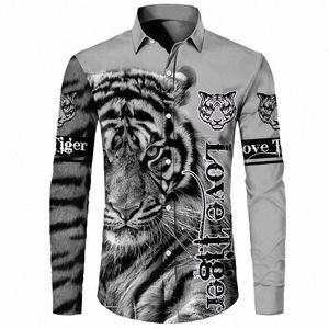 Tiger Impresso Lg Mangas Camisa 3D Li Impresso Outono Lg Mangas Homens Roupas de Rua Ao Ar Livre Casual Fi Lg Mangas Top S3HE #