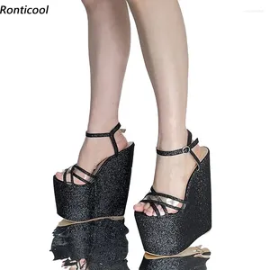 Dress Shoes Ronticool Super Sexy Women Platform Glitter Sandals Wedges High Heel Open Toe Pretty Black Party Ladies US Size 4-14