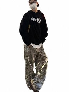 Leopard Jeans Männer Casual Lose Hohe Taille FI Amercian Street Hosen Mann 2024 Frühling Weiche Breite Beine Hip Hop Vintage Hosen Junge D7jM #