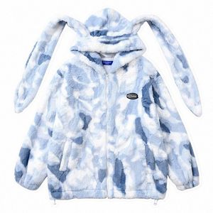 Casaco de pele de coelho falso homens inverno inverno velo bonito orelhas de coelho casacos com capuz quente tie-tingido jaquetas outono inverno outwear rua w9Ae #