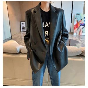 Kadınlar Suits Insozkdg Retro Deri Kadın Takım Ceket 2024 Bahar Sonbahar Kore Gevşek Üst düzey Silhouette Pu Giyim