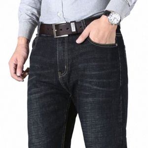 fi Men Brand Denim Jeans Busin Casual Stretch Straight Work OL Pants Blue Black Trousers Male Plus Size 13g1#