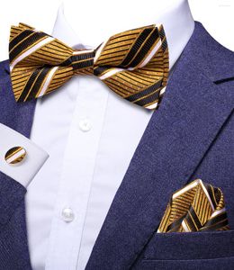 Bow Ties Hi-Tie Jakard Çizgili Altın Siyah Kelebek İpek Erkekler Tie Hanky ​​Cufflink Erkek İş Düğün Partisi İçin Bowtie Taklittie