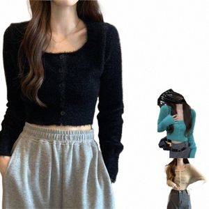 women Sexy Square Neck Butt Down Short Cardigan Sweater Lg Sleeve Solid Color Furry Knitted Fitted Crop Top 25Bl#