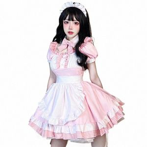 Japonês adorável empregada xadrez trajes macio menina halen gótico waitr doce rosa dr bonito arco abril empregada role play trajes a8xs #