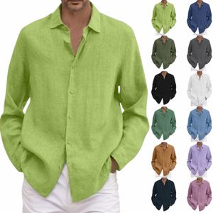 Primavera homens causal camisas de linho fi busin escritório solto lapela lg manga tops praia vintage cor sólida bunda roupas g4jY #