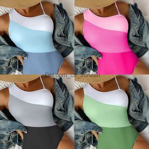 Women's Swimwear 2024 New European and American One-shoulder Color-blocking High-waisted One-piece Bikini Swimwear Women Swimsuit T240328