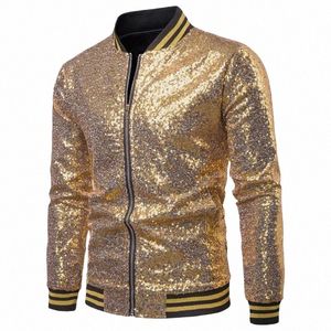 Herr Shiny Blazer Gold Sequin Sequined Blazer Fi Nightclub Zipper Suit Suit Blazer C3it#