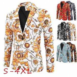 hoo 2023 New Men's Ethnic Style Printed Suit Jacket Youth Fi Handsome Casual blazer B78b#