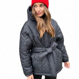 2024 Casual Lose Arygle Mit Kapuze Parkas Frauen Fi Feste Dicke Kurze Mäntel Frauen Elegante Krawatte Gürtel Cott Jacken Weibliche Damen 98ob #