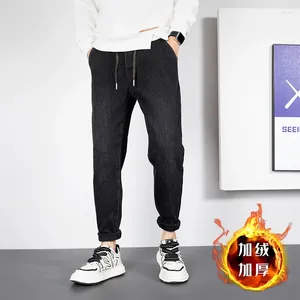 Men's Pants Autumn And Winter Male Vintage Stretch Plush Jeans/Men's Versatile Trend Casual Slim Fit Small Feet Warm Solid Color