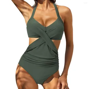 Roupa de banho feminina estampado costura monokini elegante halter maiô de uma peça com controle de barriga cintura alta sexy para o verão