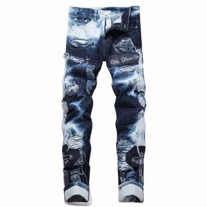 High Street New Fi Trend Blue Embroidery Ripped Jeans Pants Mens Casual Straight Slim bekväm högkvalitativ patch jeans H9Z1#
