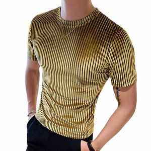 men Casual T Shirt Velour Round Neck Short Sleeve Solid Color Streetwear Men Clothing 2023 Pleated Fi Camisetas 3XL INCERUN Y4x2#