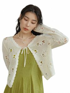 Dushu Summul Short Thin Cardigans French Sweet Hollow Crochet Women 100％Cotts Tops Lace up Design women lg Sleeve Top Z3MP＃
