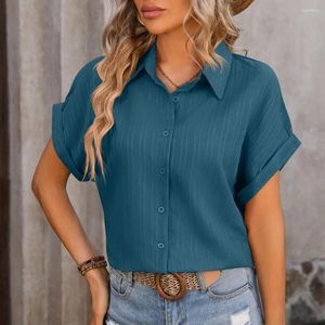 Women's Blouses Breathable Women Shirt Stylish Spring Summer Shirts Lapel Short Sleeve Solid Color V Neck Roll Up For A