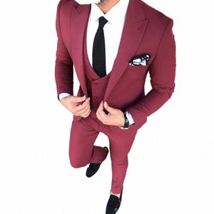 Chic Red Smart Casual Suits For Men Slim Fit Red Single Breasted Peaked Lapel High End 3 Piece Jacket Pants Vest Busin Blazer K2vo#