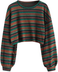 Zaful Women's Tribal Ethnic Graphic Cropped Knitwear Bohemian Long Sleeve Pullover tröja Boho Drop Shoulder Sticked Top