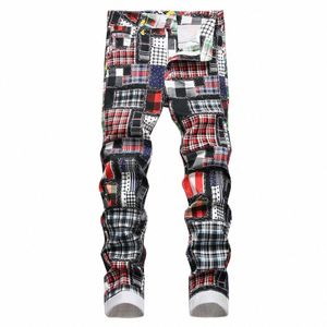 men Plaid Digital Print Jeans Fi Patches Patchwork Stretch Denim Pants Slim Straight Trousers 18Gr#