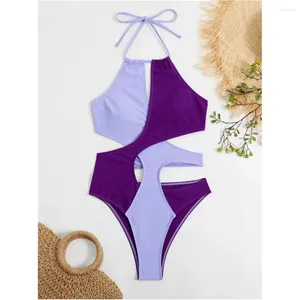 Damen-Badebekleidung, lila Neckholder-Bikini, Kreuz-Patchwork-Badeanzug, unregelmäßige Aushöhlung, Damen-Strand-Outfit, Badeanzug, Bikini-Set, Biquinis