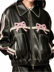 new Bow Y2k Motorcycle PU Leather Jacket Fi Women Zipper Polo-neck Sweet Cool Coat 2023 Autumn Vintage Street Oversize Top 40fz#