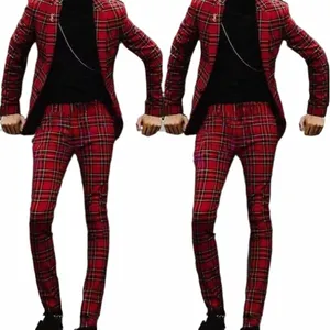 Red Plaid Fi Men passar Senaste Design Notch Lapel 2 Piece Casual Formal Groom Wedding Tuxedo Prom Banquet Male Suit Slim H7aw#