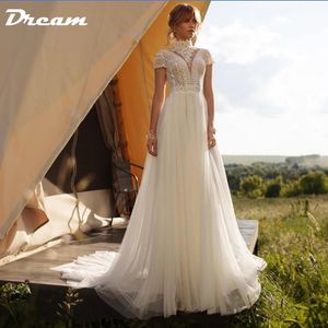 DREAM Boho Lace Tulle High Neck Wedding Dress Cap Sleeves A-Line Bohemian Bridal Gown Vintage Elegant Robe De Mariee 240328