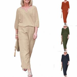 women Cott Linen Chic 2 Piece Set Casual And Wide Leg Pants Sets 2023 Summer Loose Female Vacati Suits h8wF#