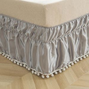 Bedding Sets Gray Satin Bed Skirt Light Silk Pom Poms Solid Color Dropship Set