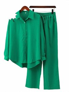 女性のための夏の衣装2023 fiルーズエラスティックウィンクルLGスリーブシャツワイドレッグパンツ女性用2ピースセット614f＃