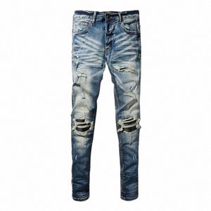 high Street Fi Men Jeans Retro Wed Blue Stretch Skinny Fit Ripped Jeans Men Leather Patched Designer Hip Hop Brand Pants h3v8#