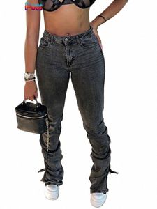 estranho puss y2k empilhados jeans de cintura alta mulheres cott split skinny denim calças outono tendência selvagem rua casual estiramento calças p6iR #
