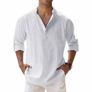 男性用の新しいコットリネンシャツカジュアルシャツライトウェイトLGスリーブヘンリービーチシャツハワイアンTマンD8OS＃