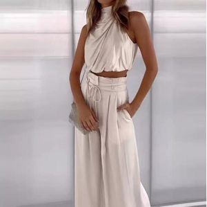 Women's 2 Piece Outfits 2024 Summer Casual Sleeveless Mock Neck Crop Tops Wide Leg Pants Set 2403283