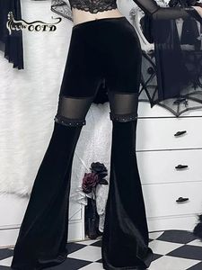Spodnie damskie WOWOOTD E Girl Leg Belted Flear Y2K Velvet Gothic See Through Winter Mesh Patchwork Grunge Streetwear Vintage Black