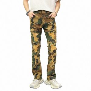 casual Camoue Printed Spliced Men's Pants Distred Ripped Denim Straight Fit Trousers Male v7Zb#