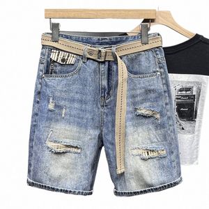 Rippade shorts mäns high-end sommarmenskläder trendig all-match coola cool pu shuai koreansk stil ons denim shorts o3yr#