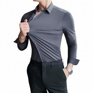 Camisa masculina Seaml de alta elasticidade Manga LG Slim Casual Camisa Cor Sólida Busin Formal Dr Camisas Social Party Blusa 94xQ #