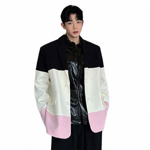 splice Color Suit Coat Men's Korean Fi Loose Casual Vintage Streetwear Trend Performance Small Suit Coat Mens Blazer Jacket U2r5#