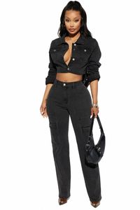 Black Stretch Denim Club Outfits Sexy Women Two Pieces Elegant Jeans Casual Matching Set Top+Pants I0TC#