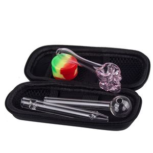 Headshop666 ZT004 Skull Spoon Smoking Pipe Bag Set Dab Rig Glass Pipe Silicon Jar Dabber Tool Zipper Case 3 Pipes Kit