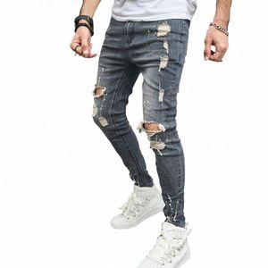 homens Hip Hop Speckle tinta Stretch Buracos Skinny Lápis Jeans Elegante Rasgado Masculino Casual Cott Denim Calças Para Roupas Masculinas d1yI #