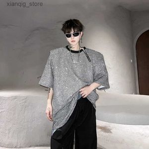 Men's T-Shirts Korean Fashion Inclined Zipper Design Shiny Glitter Sequin Short Sleeve T-shirt NIight Club DJ Singer Stage Hip Hop Tops Come24328
