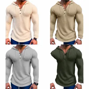 Spring New Solid Color Slim Fit Lg T-shirt Małżę męską dekolt w wieku oddychającym sportowym płaszczem Waffle Catch Casual LG Sleeve B8EH#