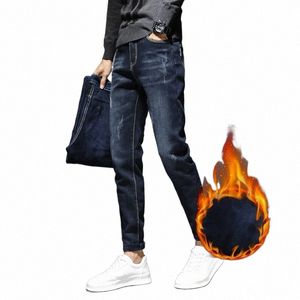 Vinterens fleece varma busin jeans klassisk stil fi rak stretch denim varma byxor manliga varumärke byxor svartblå 02ge#